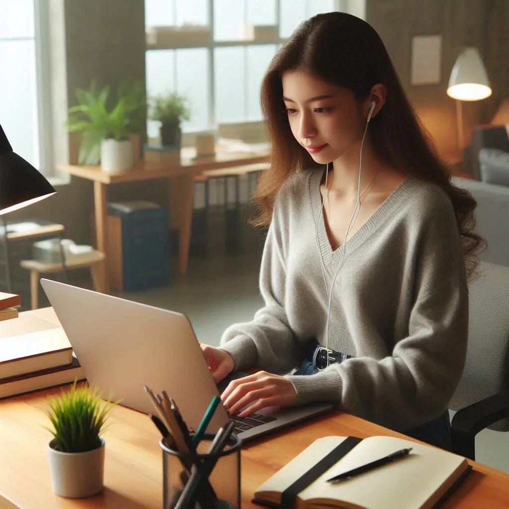 Girl Operating Computer in Office ()