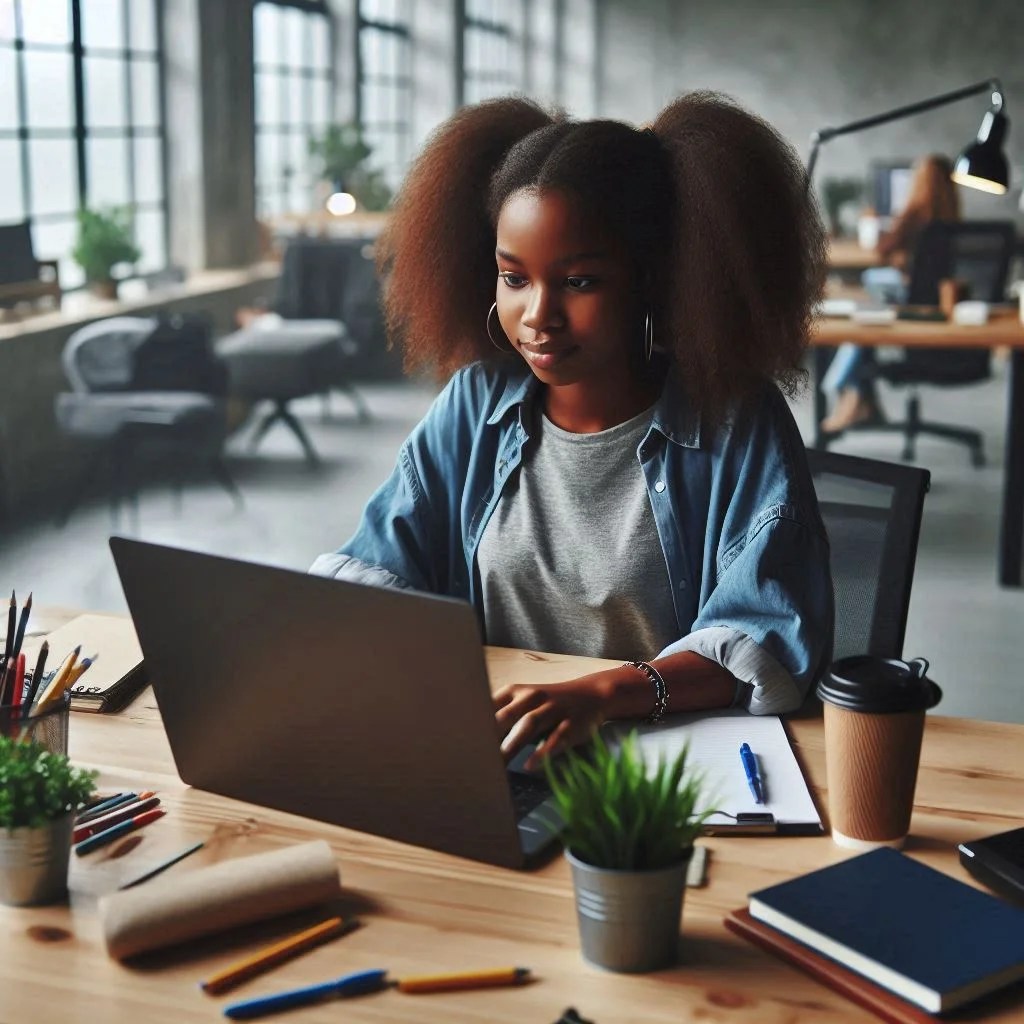 Girl Operating Computer in Office ()