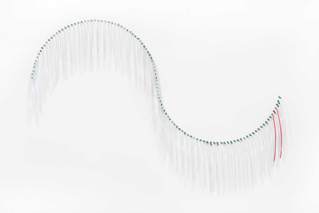 On a white wall, a row of catheters are nailed in a line, forming a sideways "S."