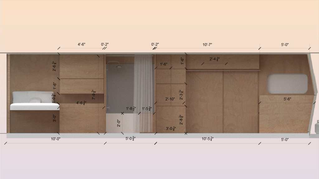 A blueprint or model of the interior of an RV, will all dimensions marked out and measured. All features are a soft wood or white: a bed, a shower, some cabinets. 