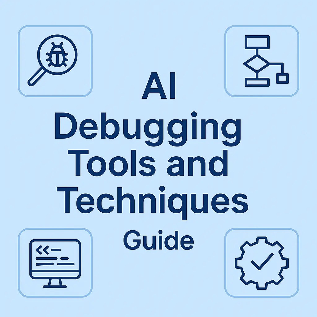Ai Debugging Tools And Techniques Icons Showing Bug Detection, Flowchart, Code Monitor, And Gear Symbolizing Error Fixing.