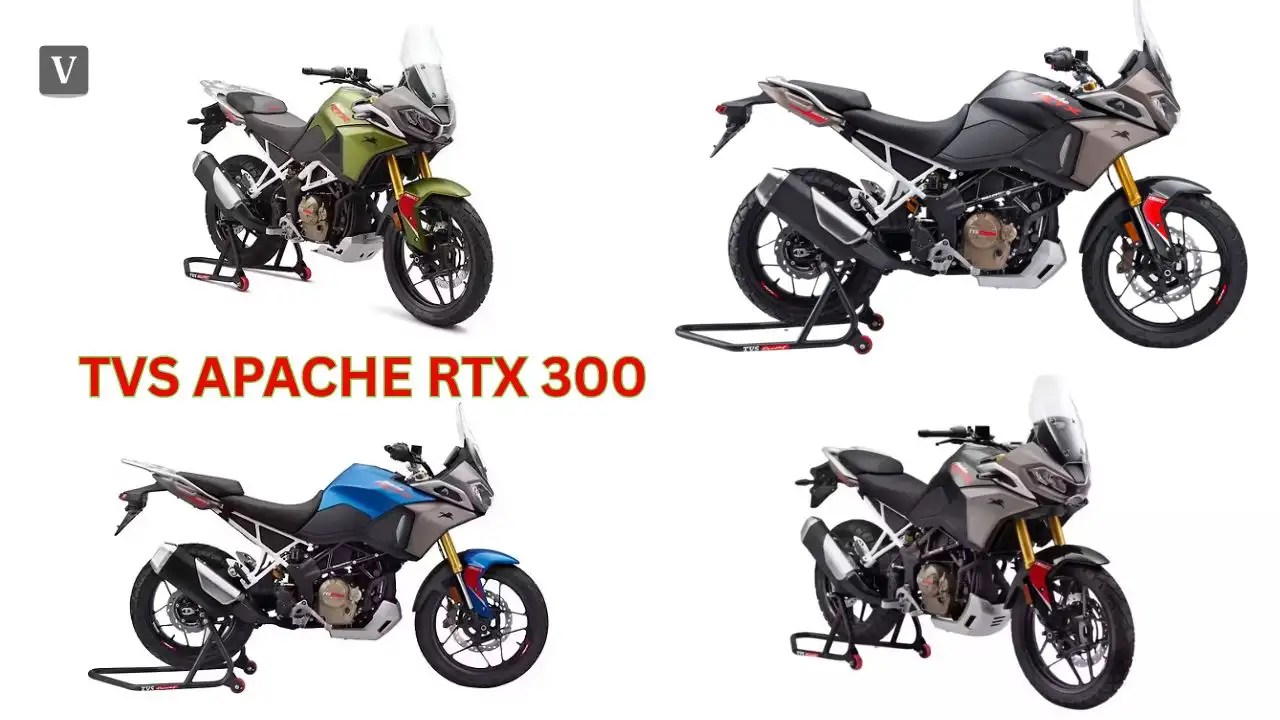 3. Features & Electronics The Apache RTX 300 is not just about mechanical hardware — TVS has loaded it with modern rider aids: Four ride modes: Urban, Rain, Tour, Rally — adjusting engine response, ABS/traction control levels. Traction Control, with at least two levels. Switchable ABS: ABS sensitivity adapts depending on mode (e.g., more permissive in Rally mode). Cruise Control included across trims. 5-inch TFT display with smartphone mirroring (map, navigation), Bluetooth connectivity. TPMS (Tyre Pressure Monitoring System) in higher variants. Quickshifter (bi-directional) — up and down shifts without clutch in certain situations. Accessory compatibility: modular mounts for luggage, crash guards, etc., and a collaboration with GIVI for touring luggage. 4. Variant Differences & Pricing Here’s how TVS has structured its trim levels and pricing: Variant Ex-Showroom Price Key Differentiators Base ₹1.99 lakh All core features: ride modes, traction control, basic electronics Top ~ ₹2.14 lakh Adds Class D headlamps (DRLs), TFT cluster, quickshifter BTO (Built To Order) ~ ₹2.29 lakh Adds adjustable suspension, TPMS, custom options Prices are introductory and likely to be reviewed after the initial delivery phase. By pricing this way, TVS undercuts KTM 250 Adventure (which is priced higher) while staying comparable with Suzuki V-Strom SX and Yezdi Adventure in India.