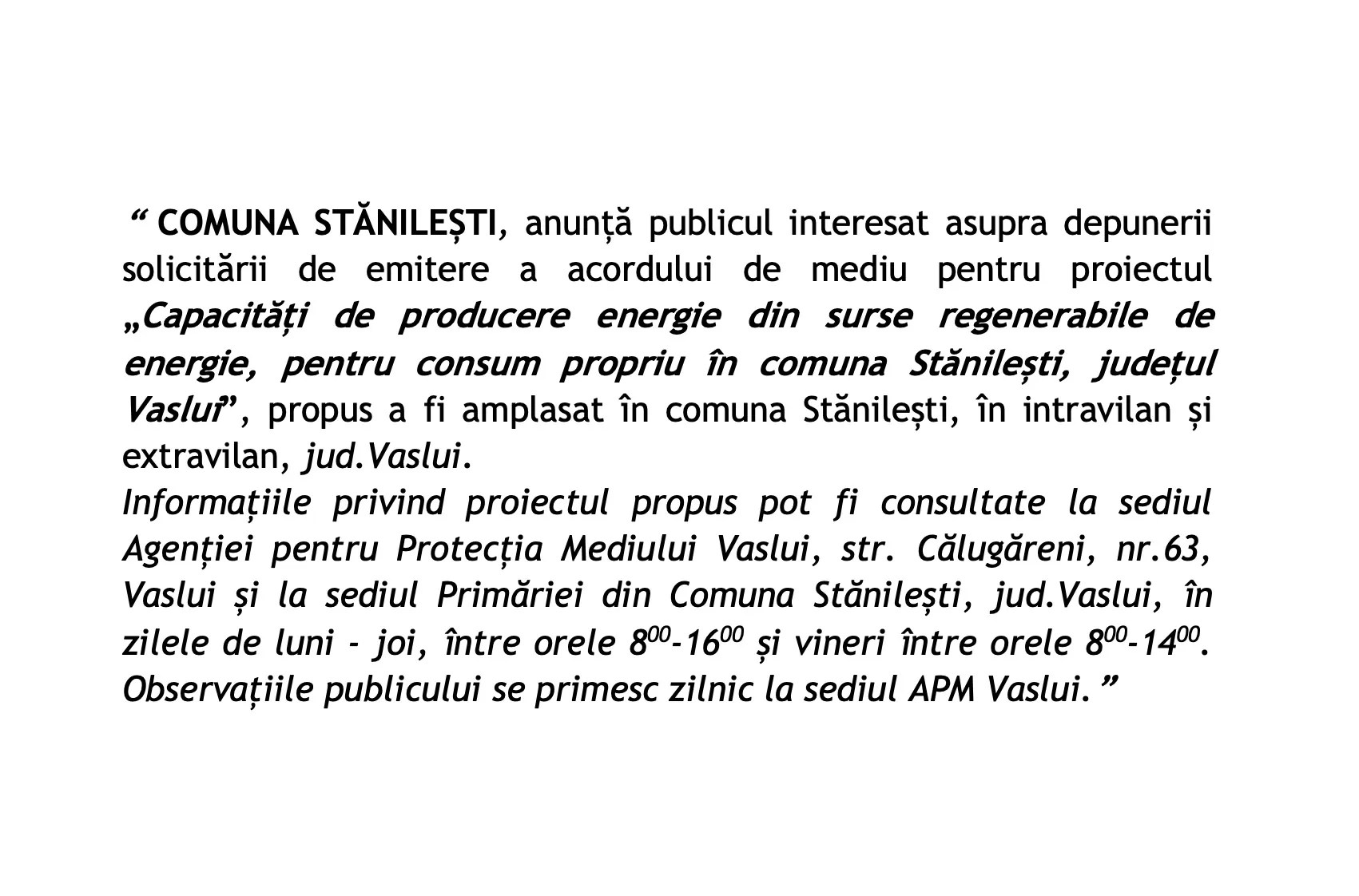 ANUNȚ SOLICITARE – COMUNA STĂNILEȘTI