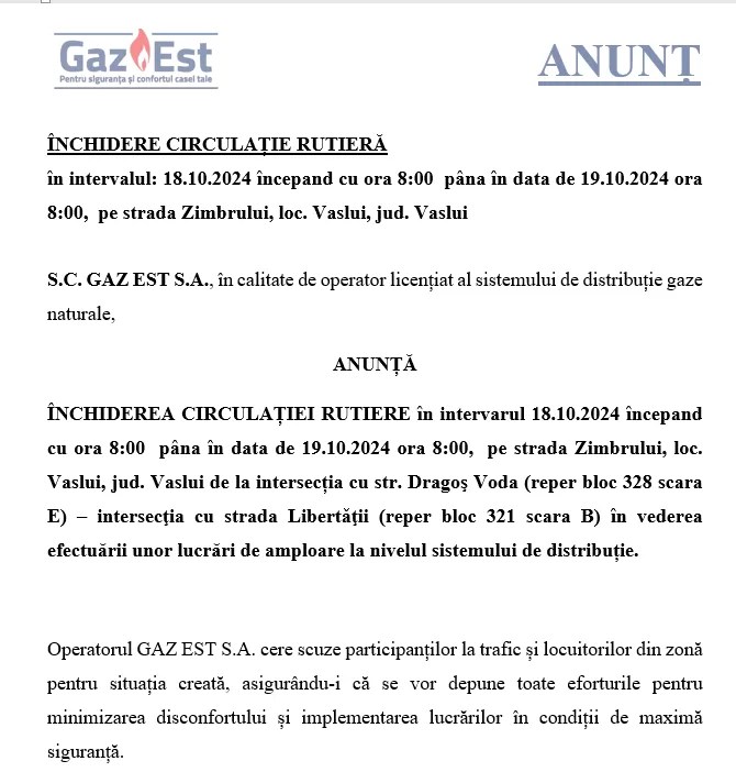 ANUNT PENTRU PRESA ÎNCHIDEREA CIRCULAȚIEI RUTIERE