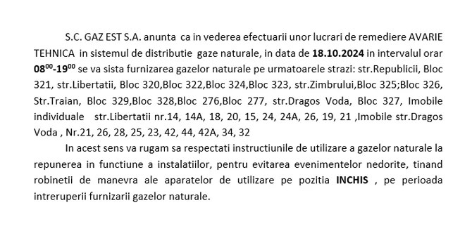 ANUNȚ GAZ EST – ÎNTRERUPERE FURNIZARE GAZE LIBERTĂȚII, ZIMBRULUI, TRAIAN, REPUBLICII, DRAGOȘ VODĂ