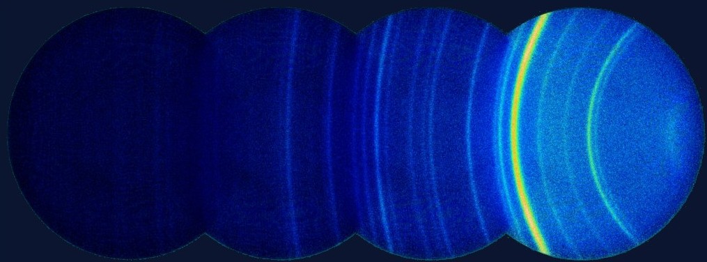 Four 2D X-ray diffraction detector frames with Debye arcs