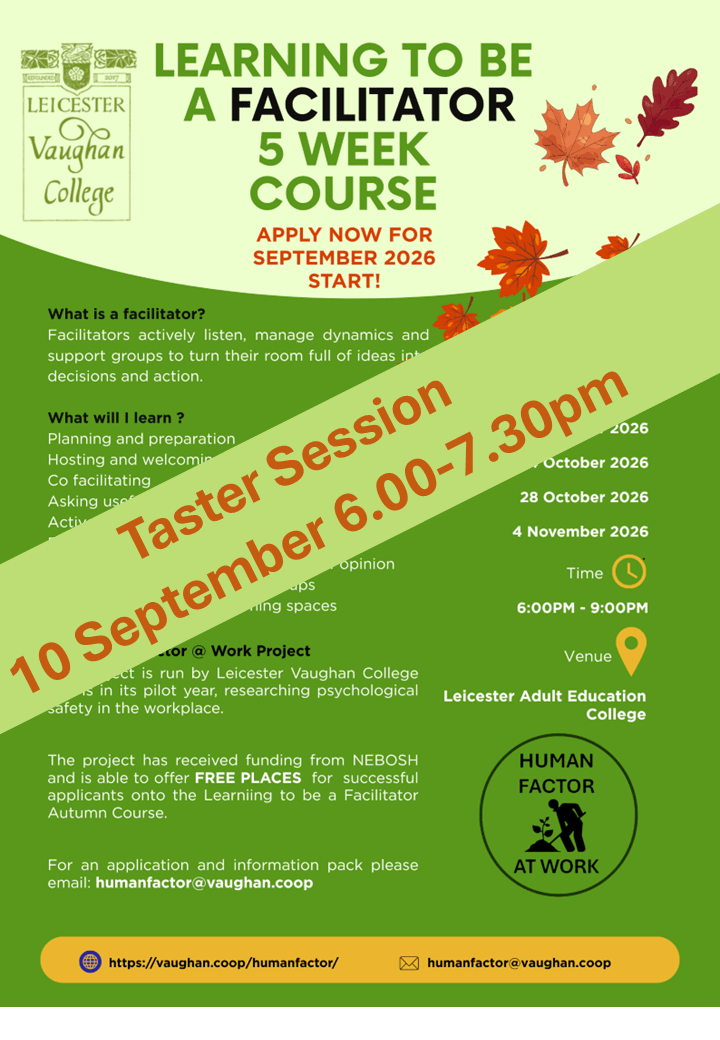 This is the flyer for this course. It contains the information that can be found here: https://vaughan.coop/course/learning-to-be-a-facilitator/. It has a band across this flyer with the date of and time of the taster session: 10 September 6.30pm to 7.30pm.