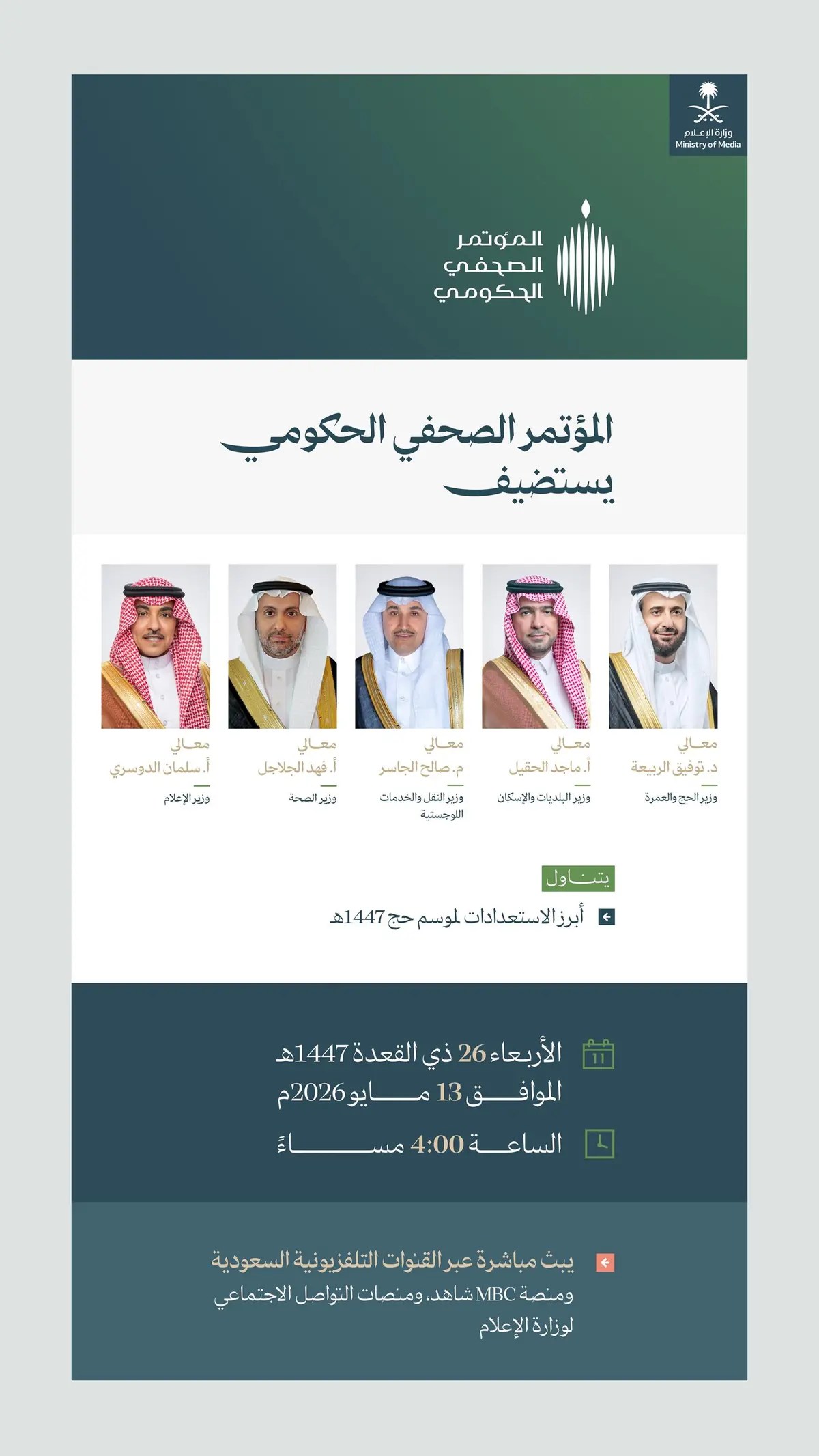 محليات السعودية: المؤتمر الصحفي الحكومي يستضيف عددًا من أصحاب المعالي الوزراء