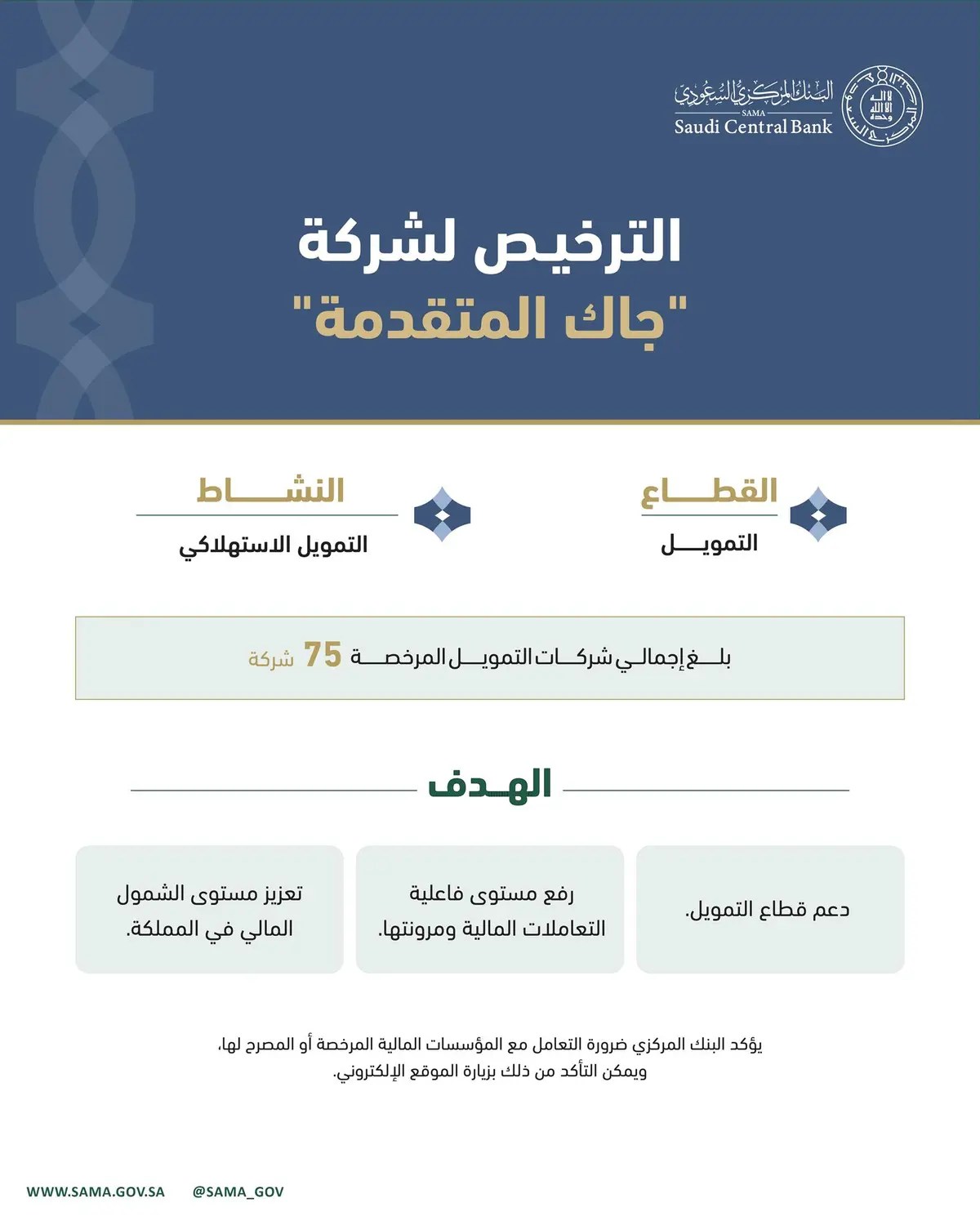 محليات السعودية: البنك المركزي يرخص لشركة “جاك المتقدمة” لمزاولة نشاط التمويل الاستهلاكي