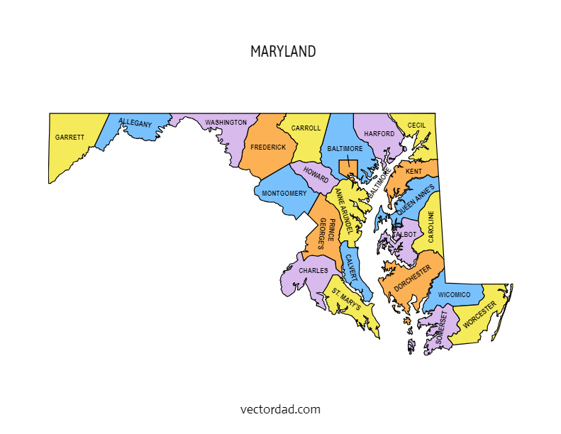 Free Printable Multi Colored Map Of Maryland County Maryland County Map Multi Colored 