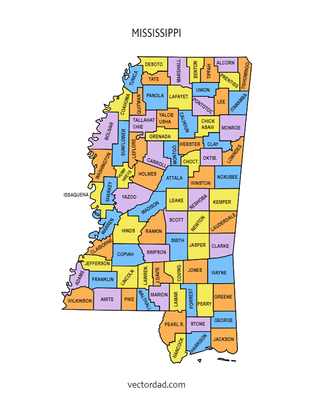 Free Printable Multi Colored Map Of Mississippi County.