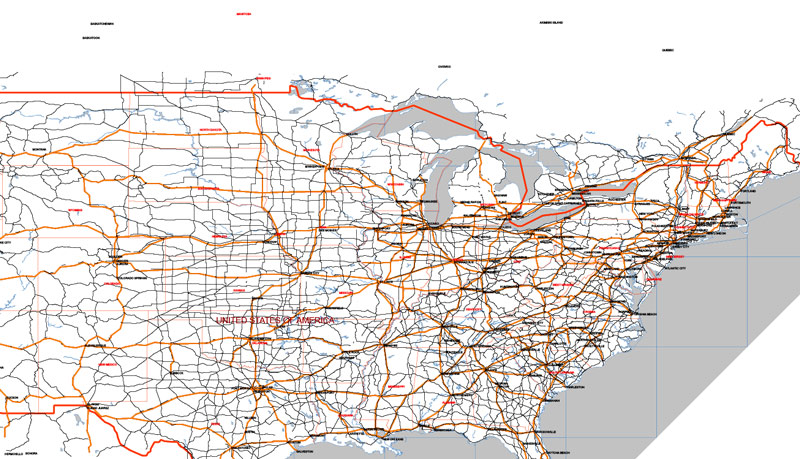 US Map Vector Major Roads States Cities Relief GPS Projection Usa PREVIEW8.