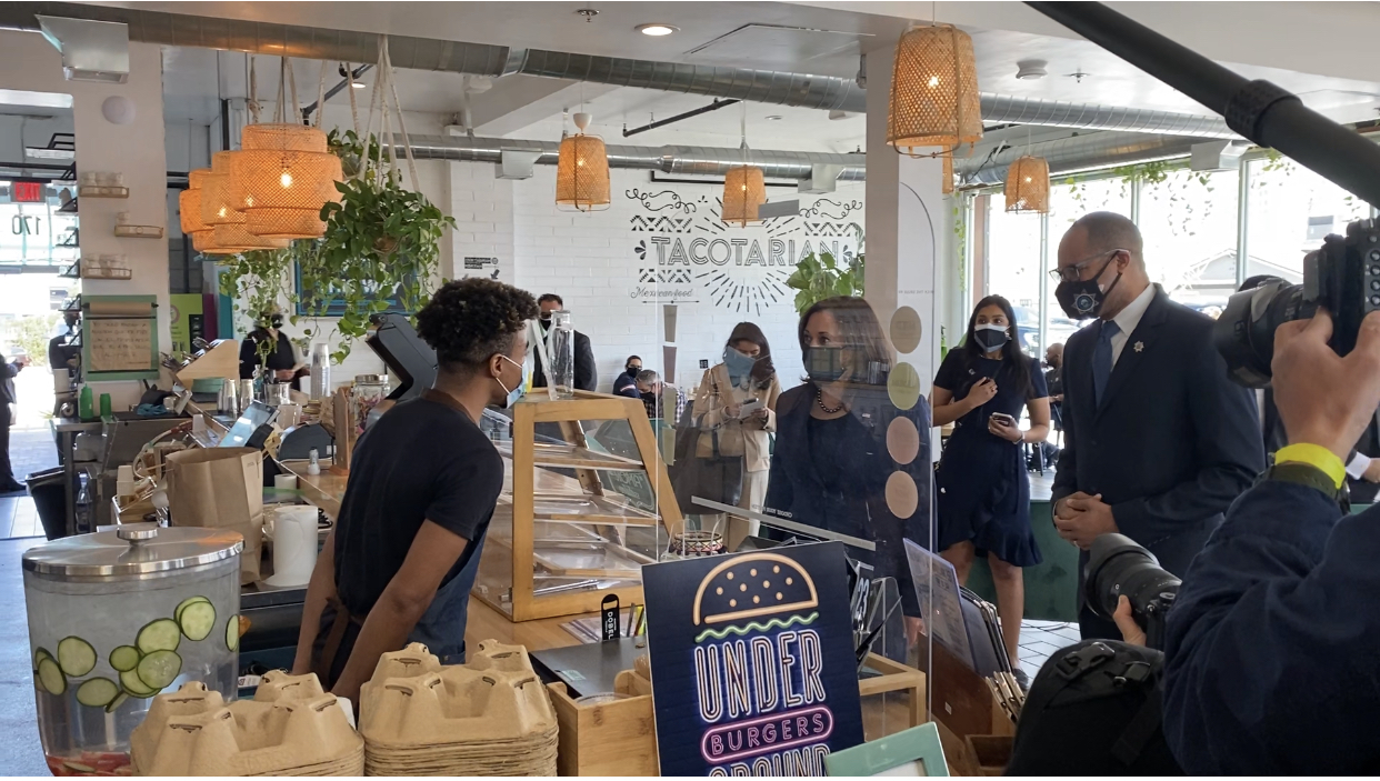 Vice President Kamala Harris visits Tacotarian in Las Vegas on her first stop in the Help is Here Tour across the country. For more vegan news visit www.vegansbaby.com