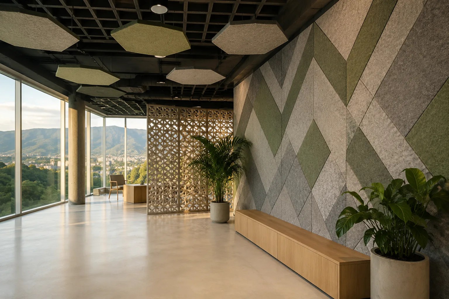 Lobby con paneles acústicos PET GreenAcoustic biselados, nubes hexagonales y vista a las montañas de Medellín