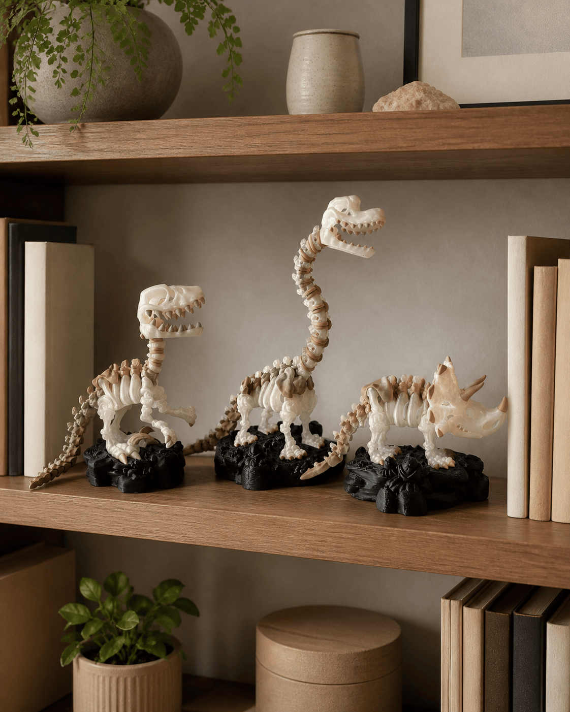Cream-coloured dinosaur skeleton figurines arranged on a bookshelf