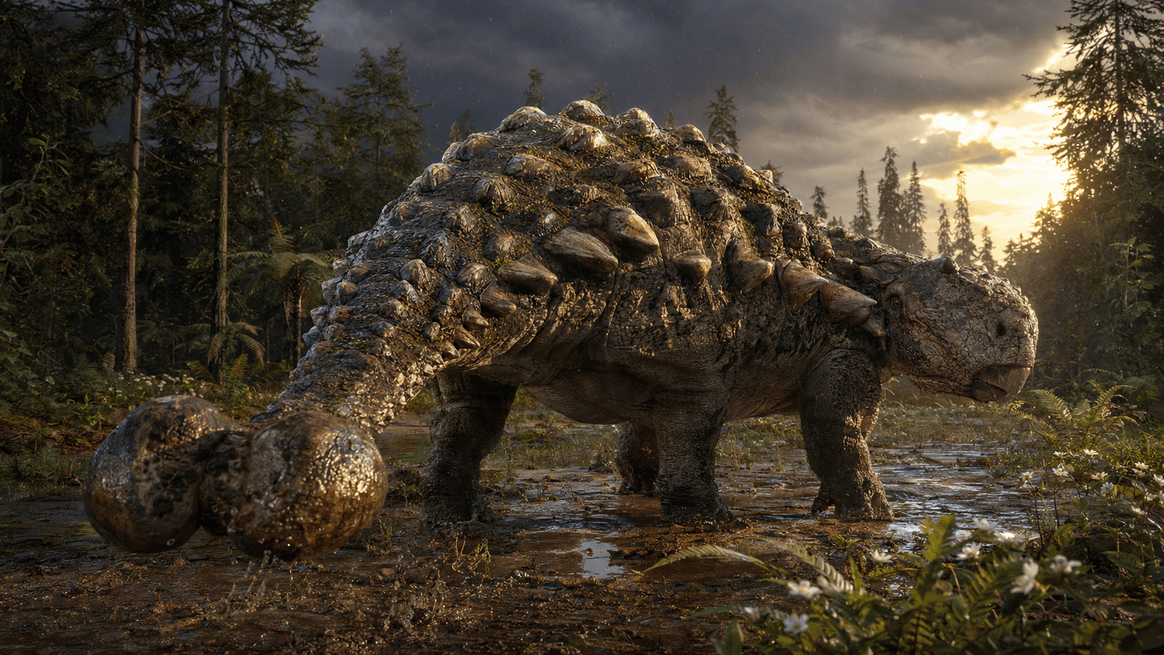 Armoured Ankylosaurus in a prehistoric landscape