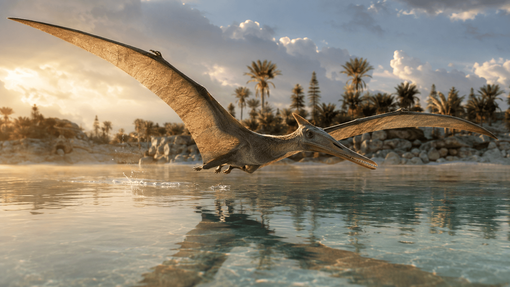 Flying pterosaur above water in a prehistoric landscape