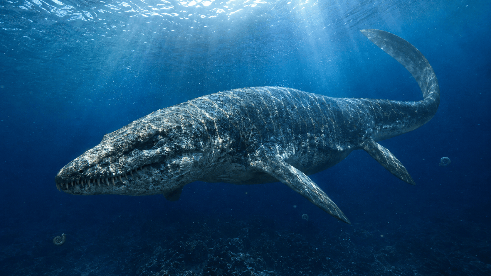 Mosasaurus swimming underwater beneath shafts of sunlight