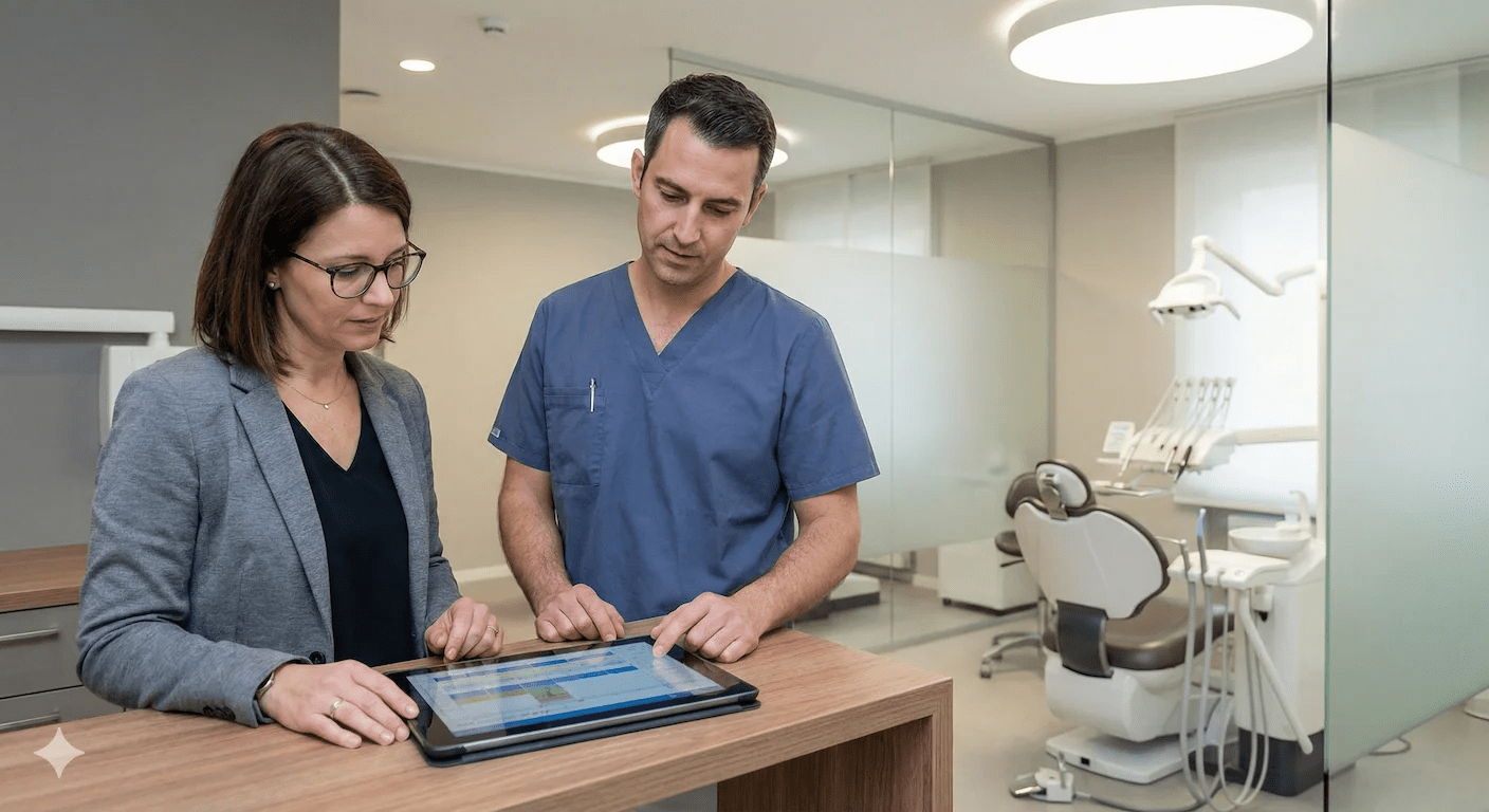 Dentist consulting patient at chairside
