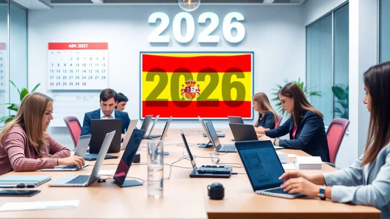 Personas usando tecnología en oficina, bandera de España y calendario 2026