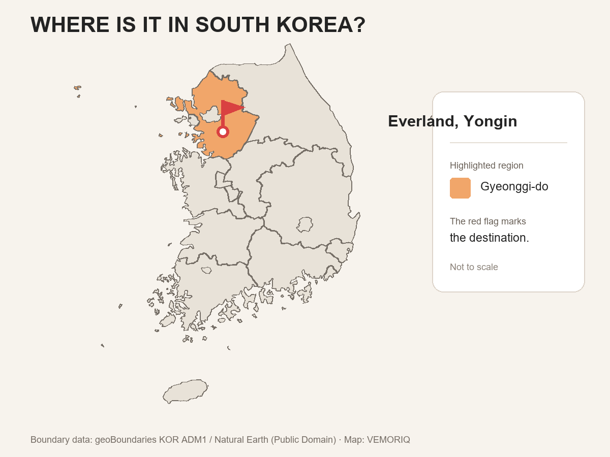 South Korea map highlighting Gyeonggi-do with a flag at Everland in Yongin