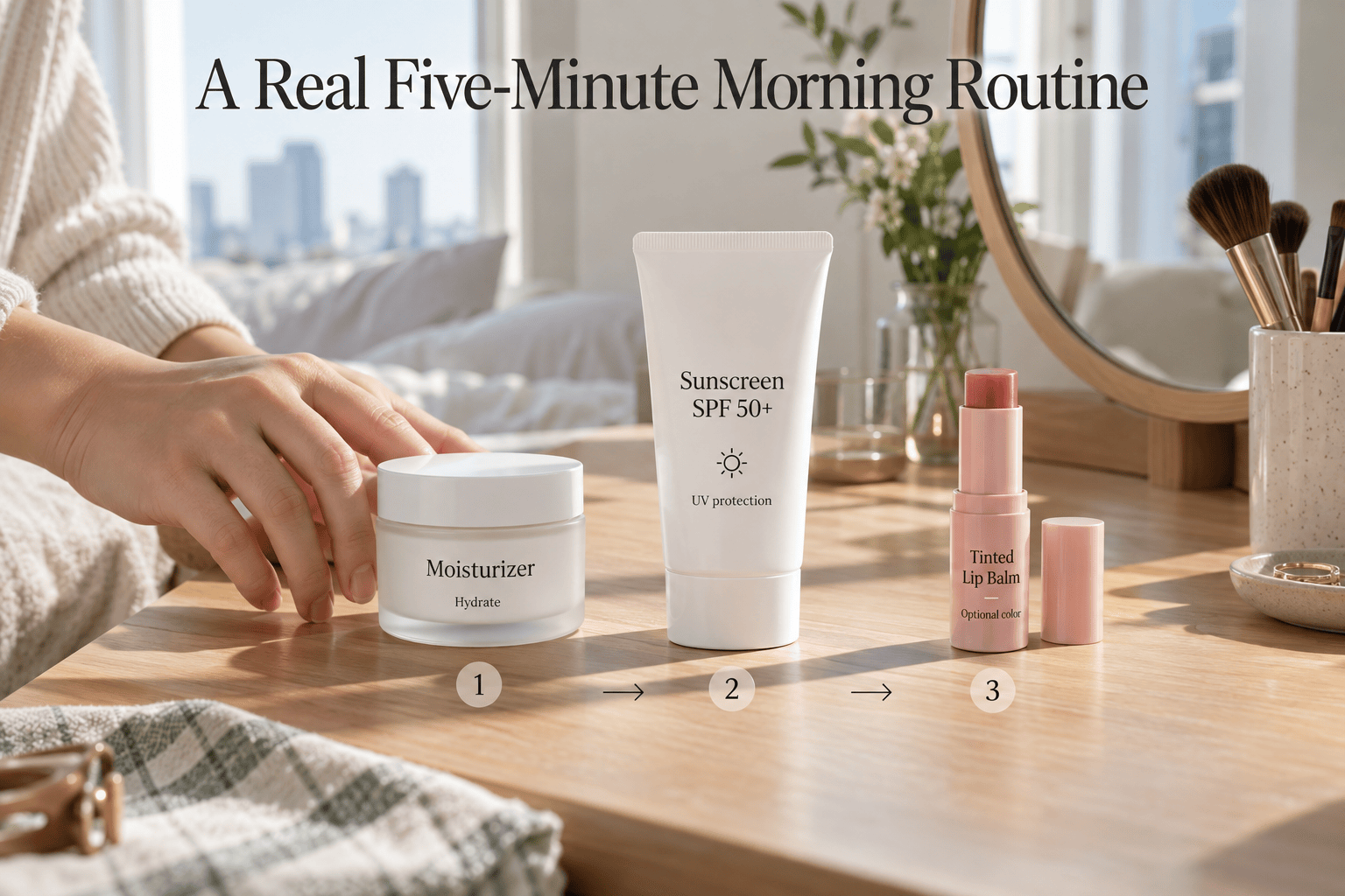 AI-assisted editorial visualization: Illustrative moisturizer, SPF 50+ sunscreen and optional tinted lip balm arranged in morning-use order.
