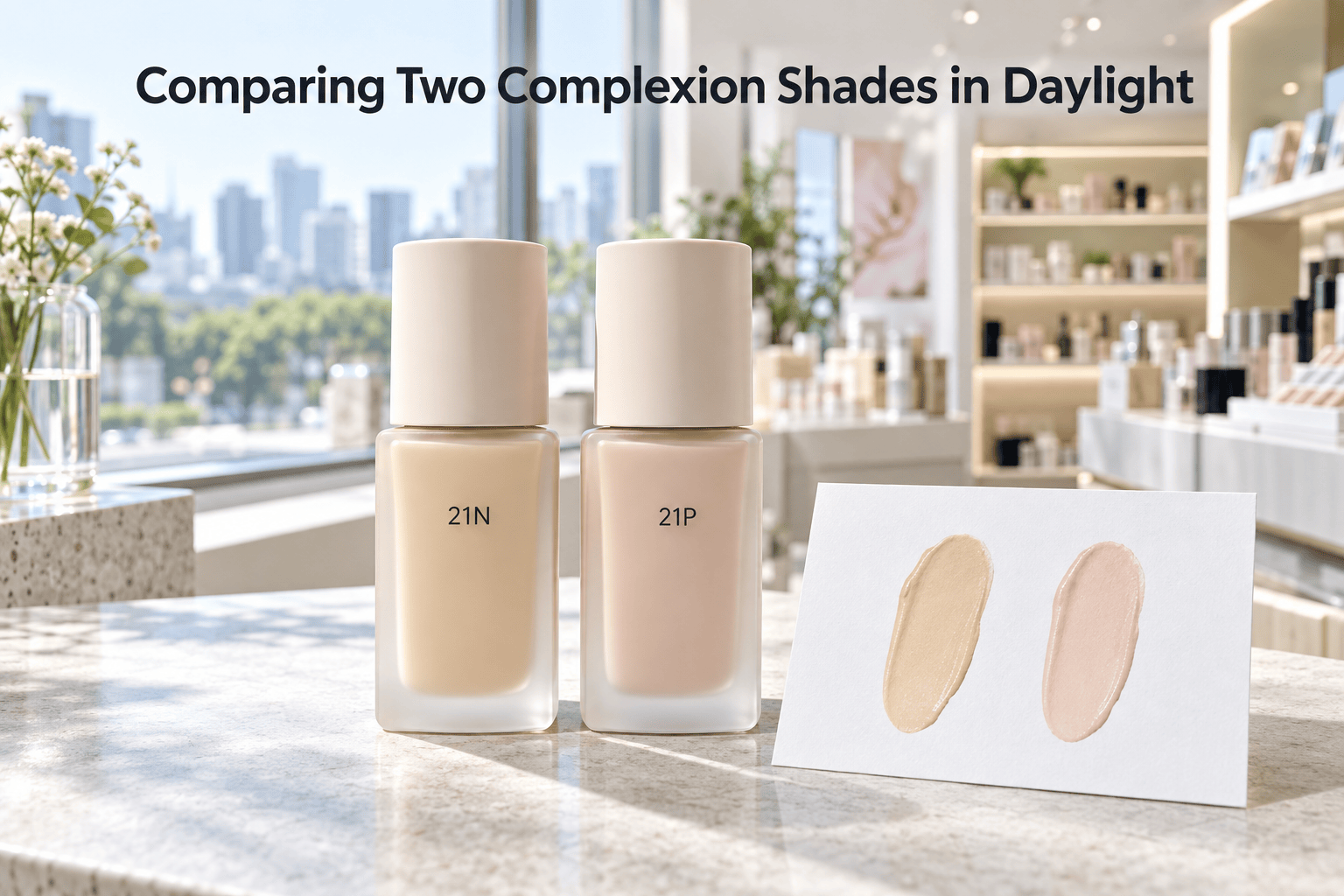 AI-assisted editorial visualization: Illustrative comparison of complexion shades labelled 21N and 21P beside swatches in daylight.
