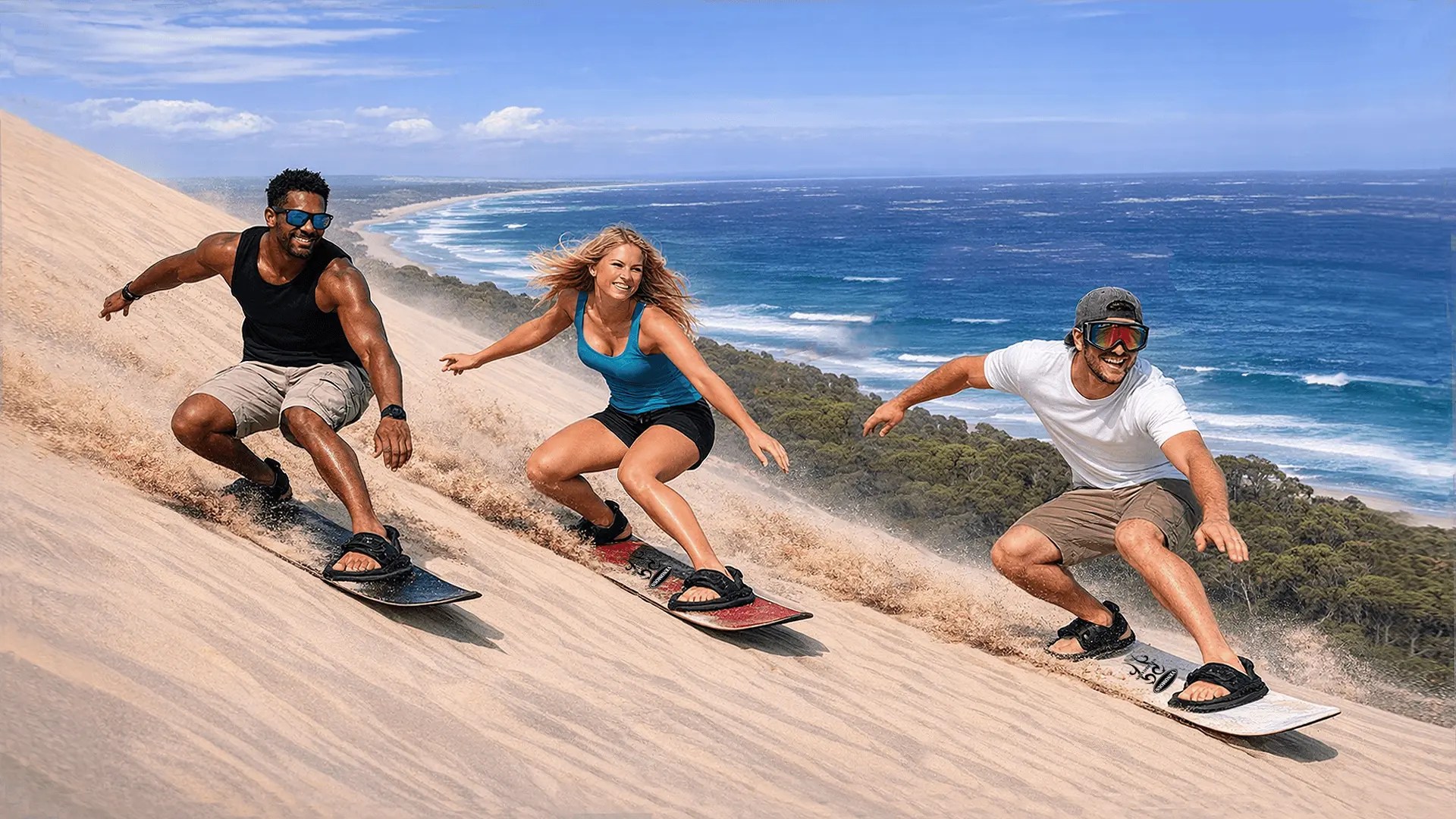 3 happy sandboarders