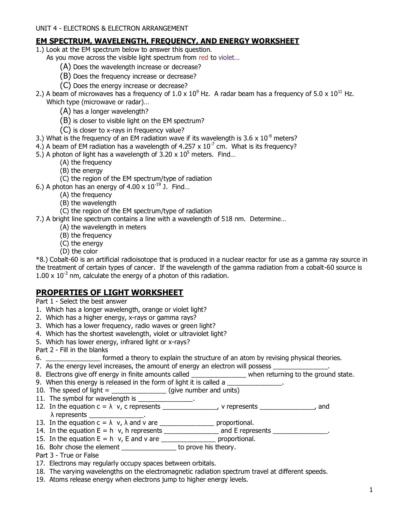 The electromagnetic spectrum worksheet answers