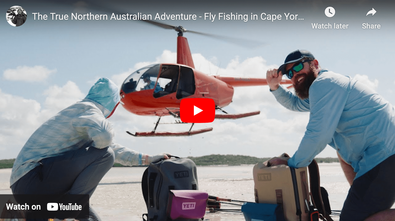 video cover image of two anglers and their gear and a helicopter taking off