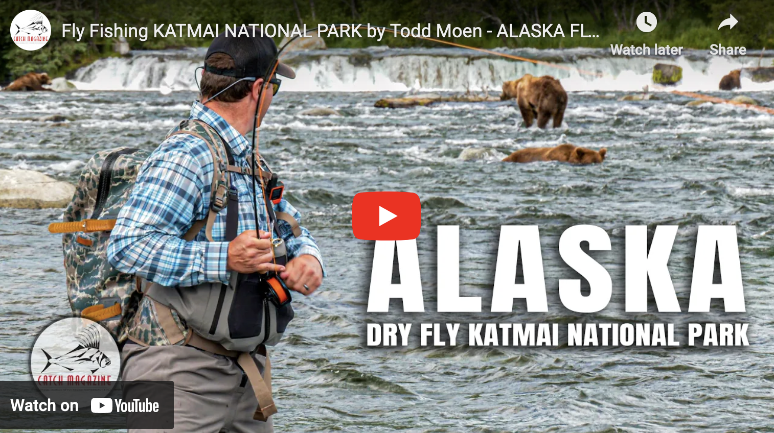 video cover image of an angler fighting a fish while watching bears in the background