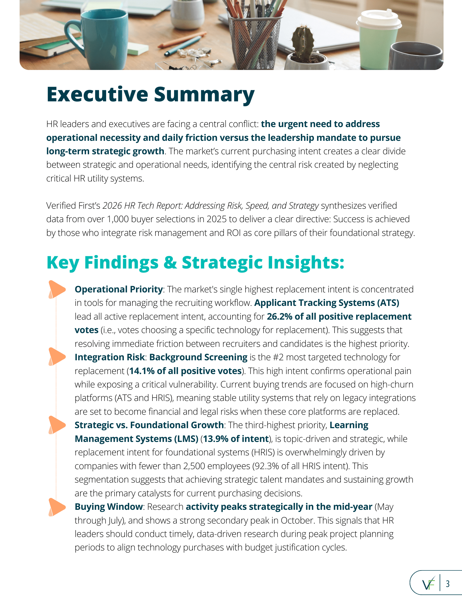 Sample of the executive summary and key finding and stategic insights within the 2026 HR Tech Report.