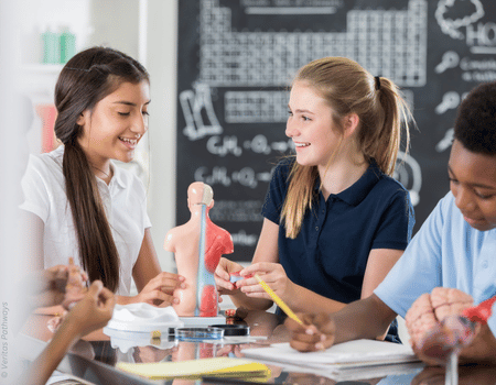 Students sitting at a table, working on a science project in front of a blackboard with scientific formulas.