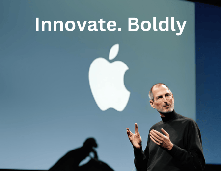 Steve Jobs speaking passionately during a product launch, embodying innovation and creativity