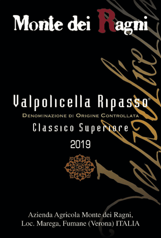 Valpolicella Ripasso wine label, Veritas Wines premium Italian red, 2019 vintage, Monte dei Ragni.