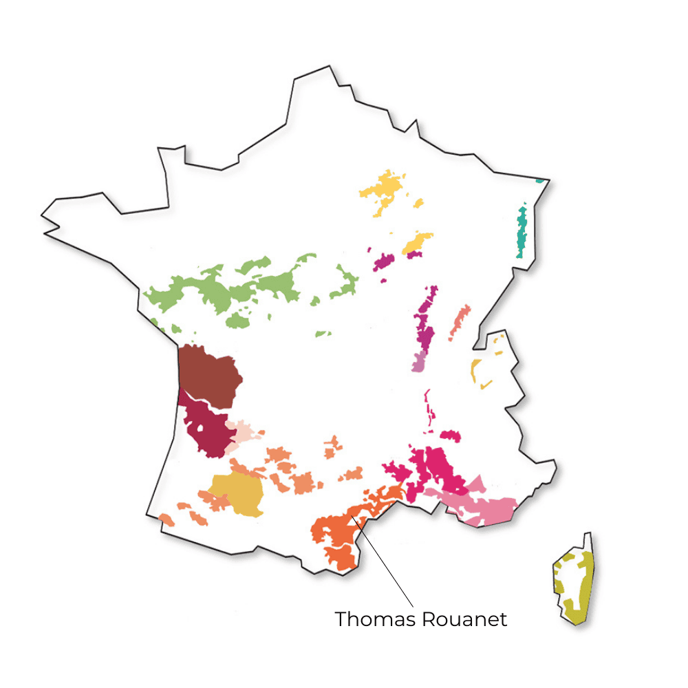 Vineyard region map highlighting Thomas Rouanet in France.
