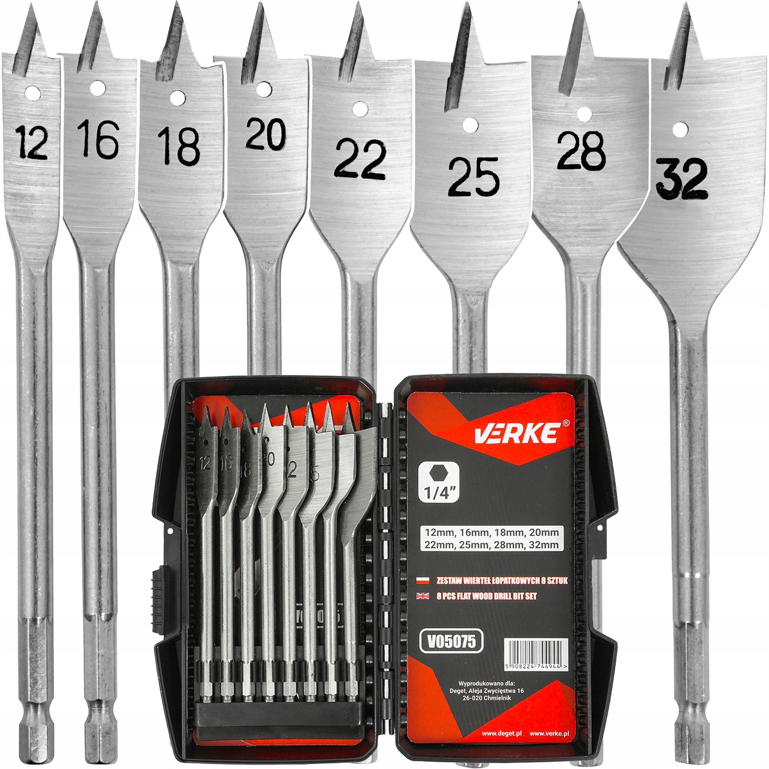 WIERTŁA DREWNA PŁASKIE ŁOPATKOWE PIÓRKOWE PIÓROWE 12-32 ZESTAW WIERTEŁ HEX | V05075 | 5908224744944
