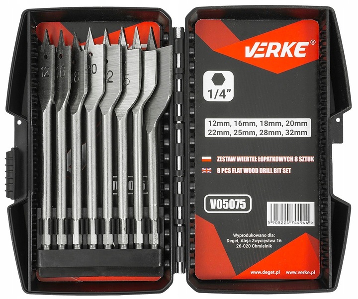 WIERTŁA DREWNA PŁASKIE ŁOPATKOWE PIÓRKOWE PIÓROWE 12-32 ZESTAW WIERTEŁ HEX | V05075 | 5908224744944