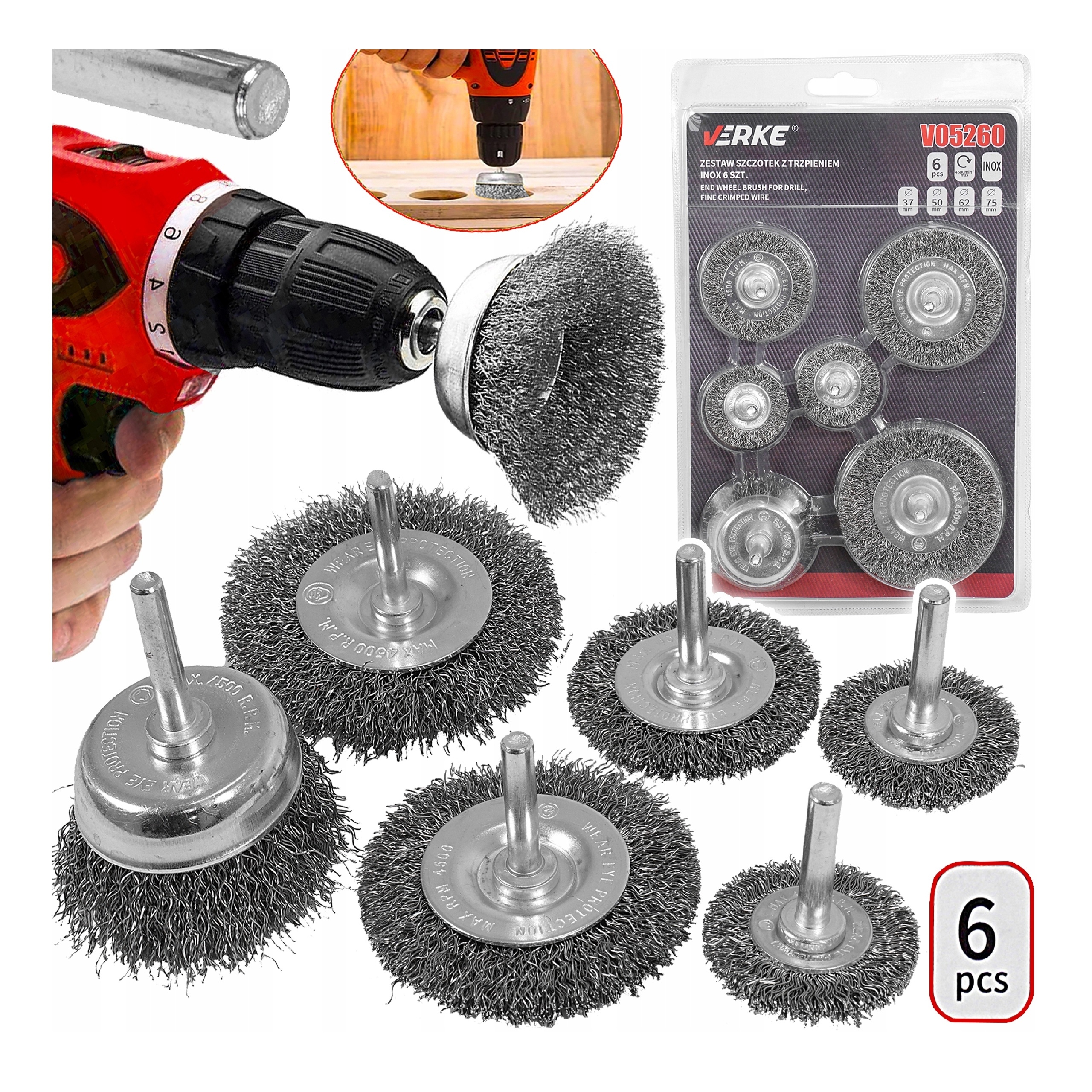 SZCZOTKI DRUCIANE WKRĘTARKĘ WIERTARKĘ ZESTAW SZCZOTEK DRUCIANYC INOX METALU | V05260 | 5908224745095