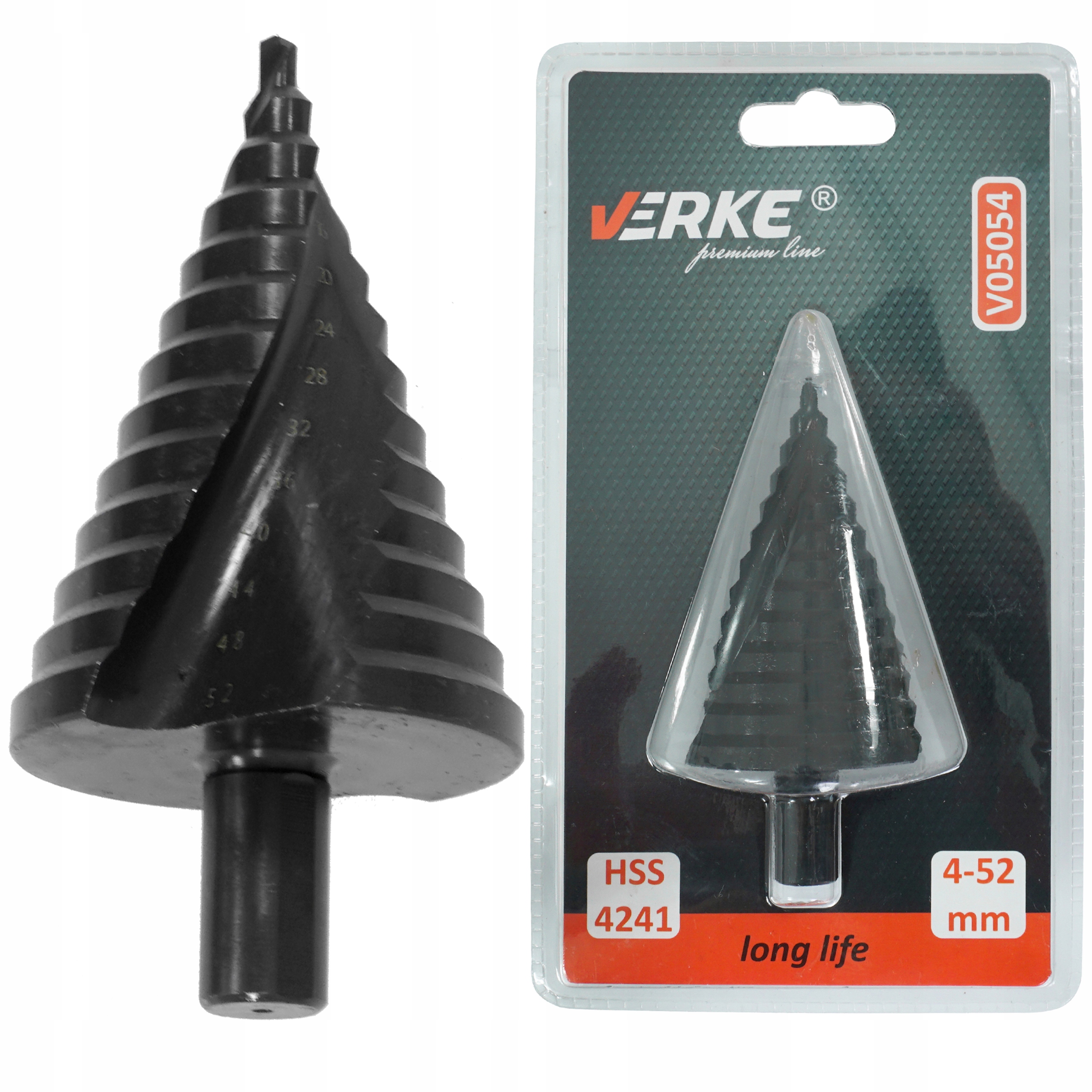 WIERTŁO STOŻKOWE STOPNIOWE SPIRALNE CHOINKOWE ROZWIERTAK HSS 4-52 mm VERKE | V05054 | 5908224747822