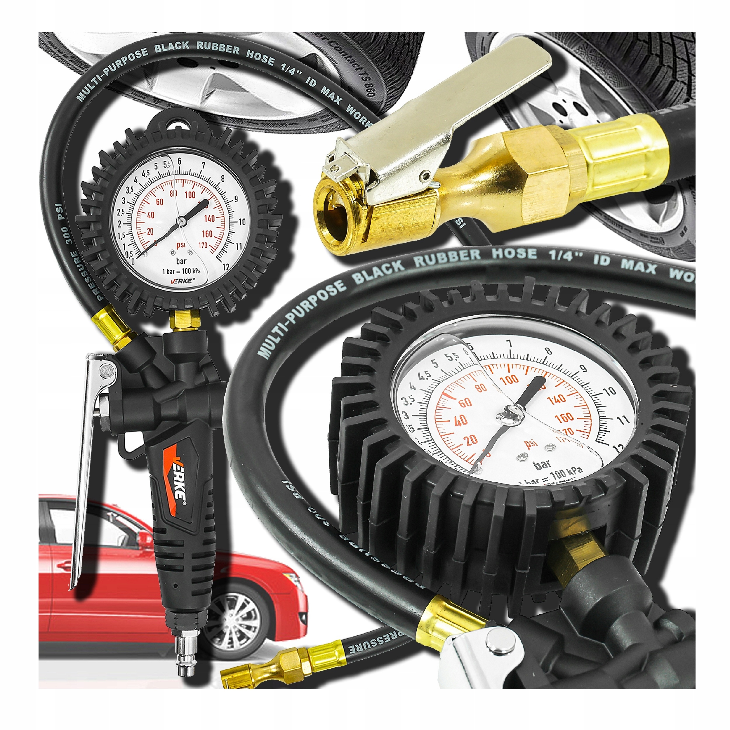 PISTOLET DO POMPOWANIA KÓŁ OPON PNEUMATYCZNY Z MANOMETREM KOMPRESORA POMPKA | V81267 | 5908224748539