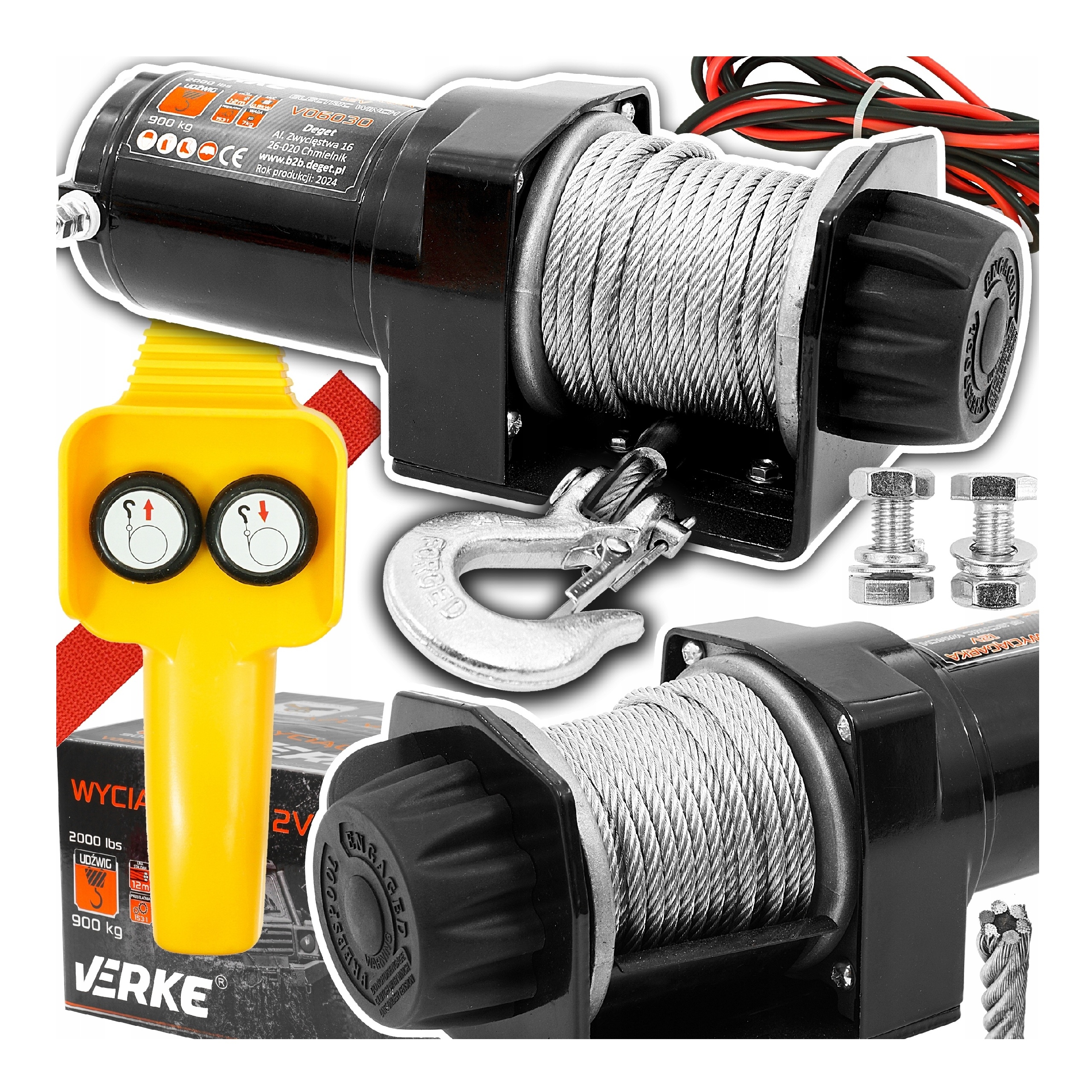 WYCIĄGARKA ELEKTRYCZNA 12V 907KG WCIĄGARKA LINOWA SAMOCHODOWA LAWETY 12M | V06030 | 5904673575085