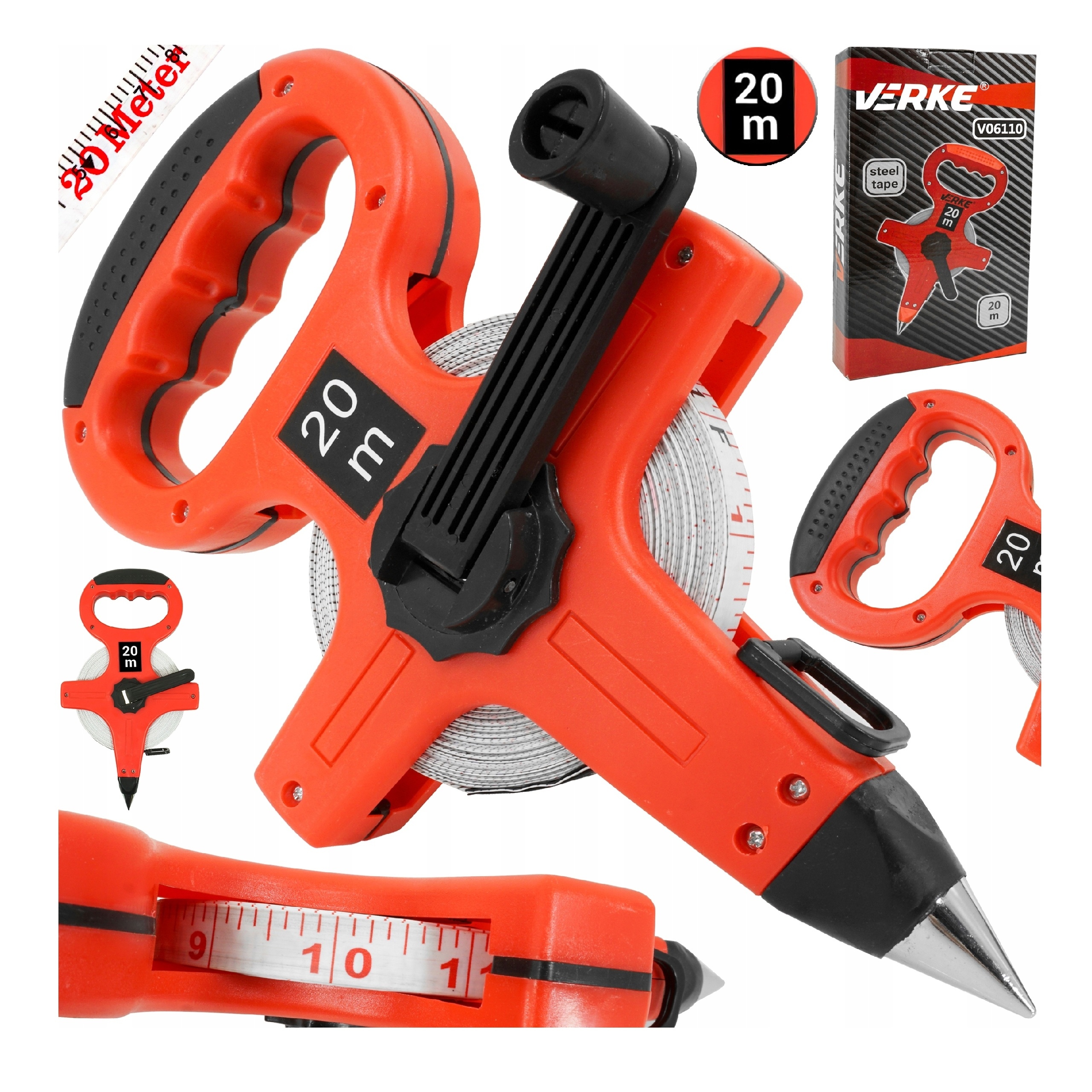 MIARA TAŚMA MIERNICZA METRÓWKA TAŚMOWA ZWIJANA MIARKA Z UCHWYTEM ZIEMIĘ 20M | V06110 | 5908224749512