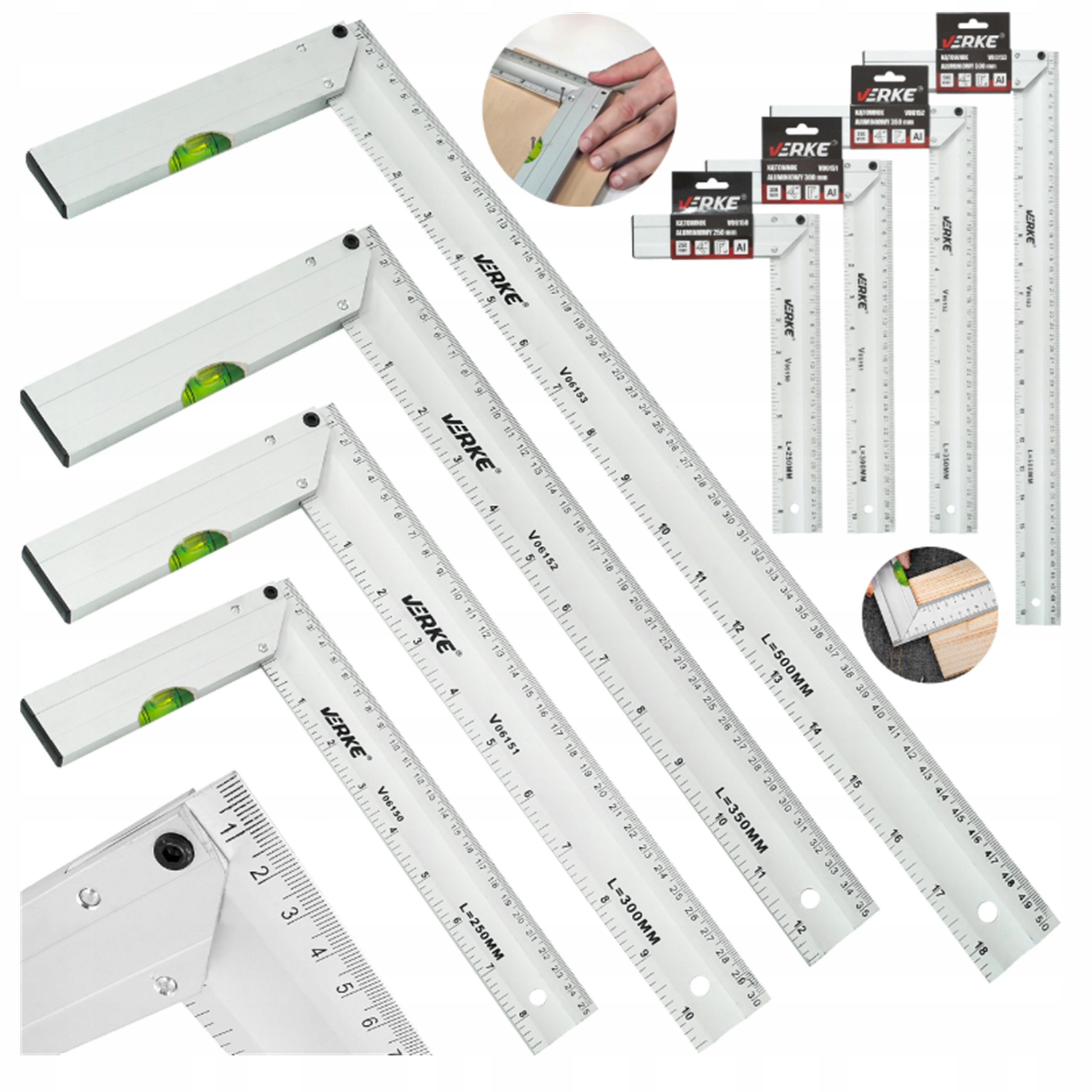 4x KĄTOWNIK STOLARSKI CIESIELSKI ALUMINIOWY BUDOWLANY WINKIEL PRZYMIAR | V06150+V06151+V06152+V06153 | 5908224749475590822474948259082247494995908224749505