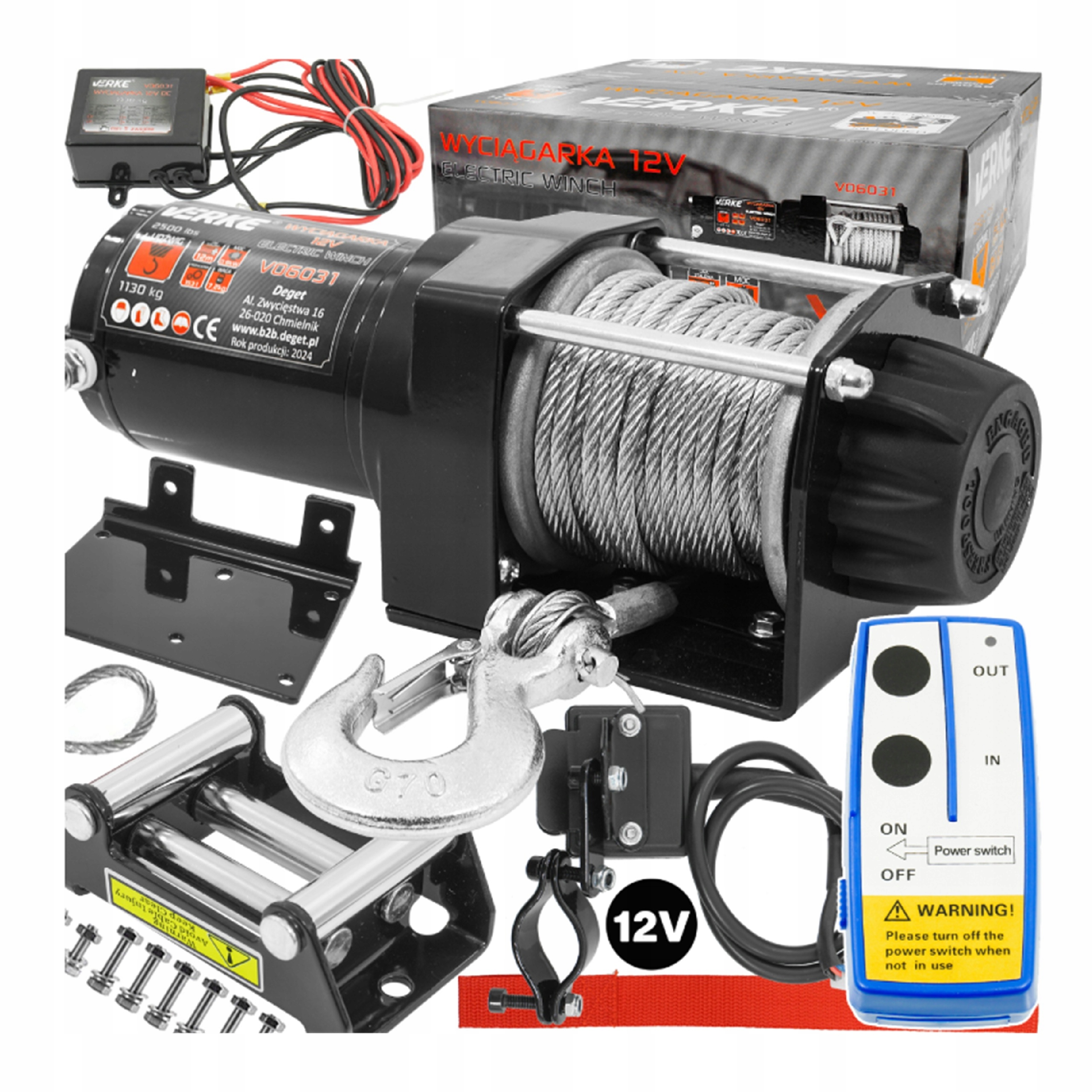 WYCIĄGARKA ELEKTRYCZNA 12V 1130KG WCIĄGARKA LINOWA SAMOCHODOWA LAWETY 12M | V06031 | 5904673575092