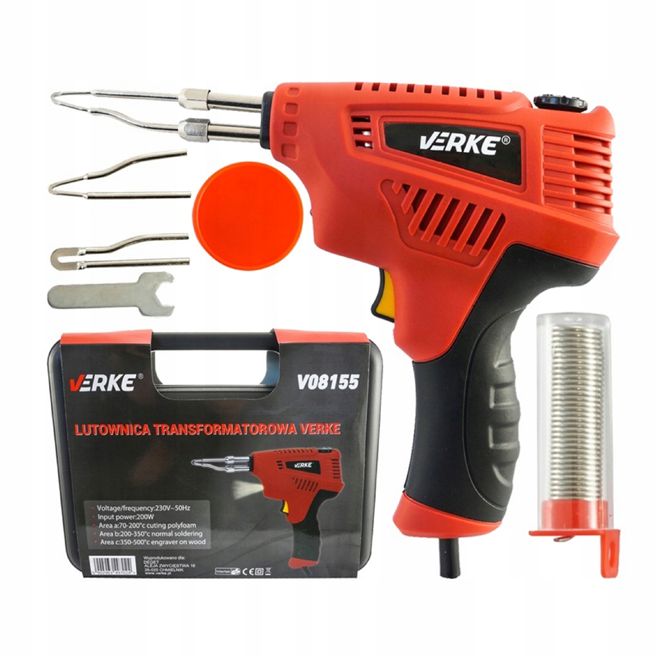 LUTOWNICA TRANSFORMATOROWA 200W PISTOLET PISTOLETOWA Z REGULACJĄ TEMP + LED | V08155 | 5902963497024