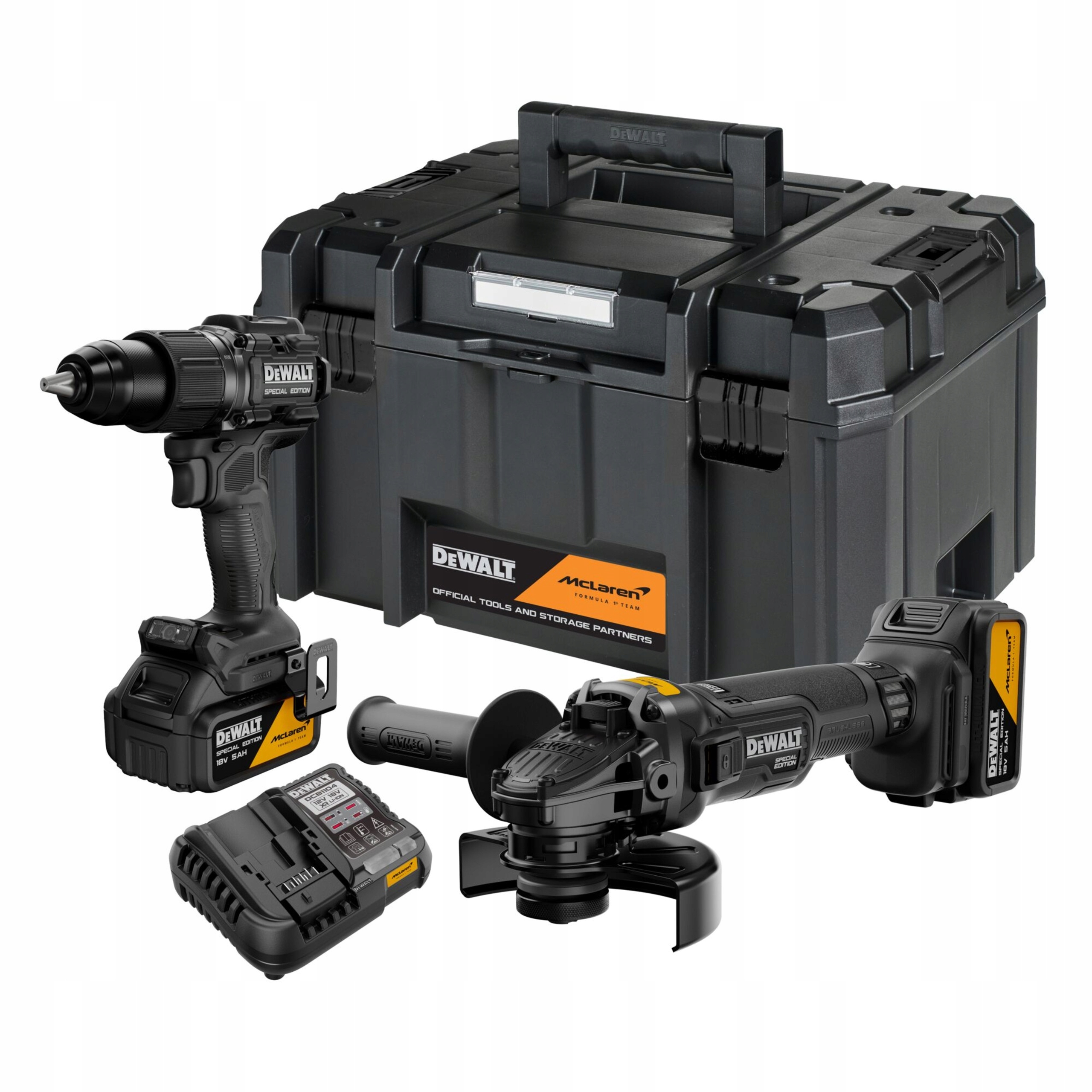 SZLIFIERKA KĄTOWA WKRĘTARKA UDAROWA DeWALT DCK2223MP2T 18V 2x5,0Ah McLaren | DCK2223MP2T-QW | 5054905333119