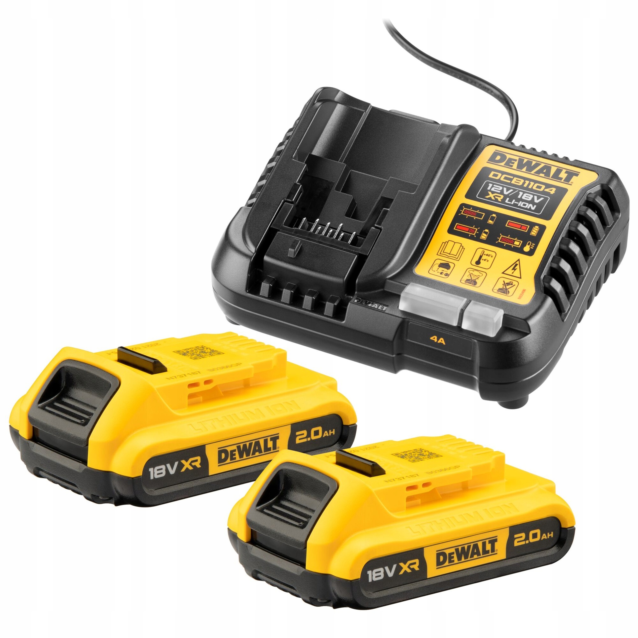 Zestaw 2 akumulatorów 18V Li-Ion 2,0Ah + ładowarka, DeWALT DCB1104D2-QW | DCB1104D2-QW | 5035048790021