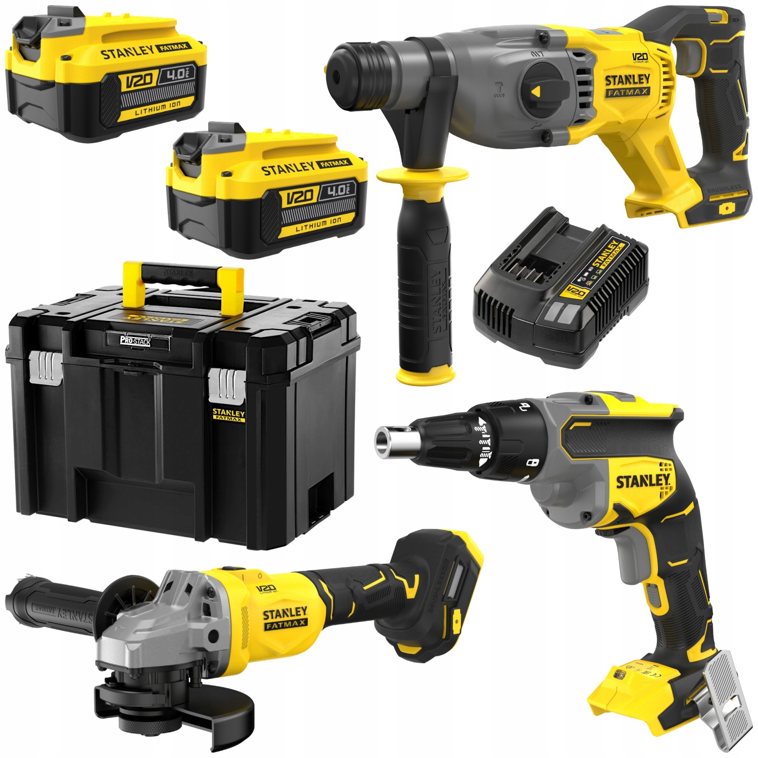 Zestaw STANLEY SFMCK367M2T V20 Wkrętarka GK Młotowiertarka Szlifierka 2x4Ah | SFMCK367M2T-QW | 5035048849514