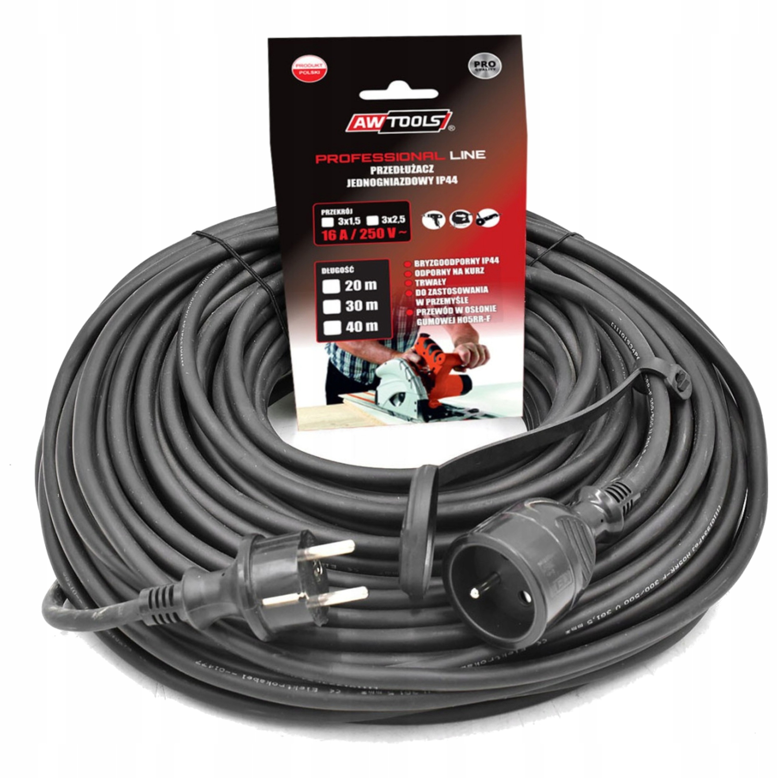 Przedłużacz Budowlany Gumowy 40m 3x2.5 H05RR-F 16A IP44 AWTOOLS AW70245 | AW70245 | 5903041032618